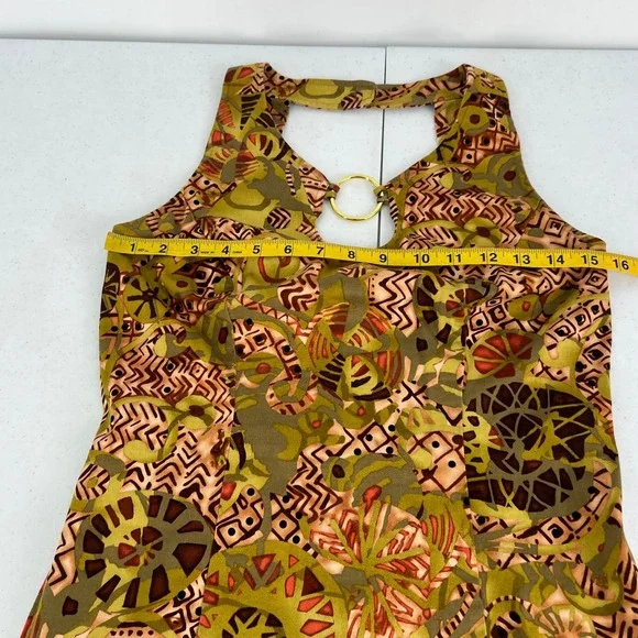 Vintage Abstract Tribal Print Sheath Dress Size 4 Olive Brown Ring Neck Boho - Picture 5 of 12